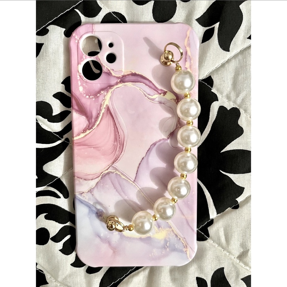 Brand New iPhone 11 Case, Marble Pink & Purple with Large Pearls